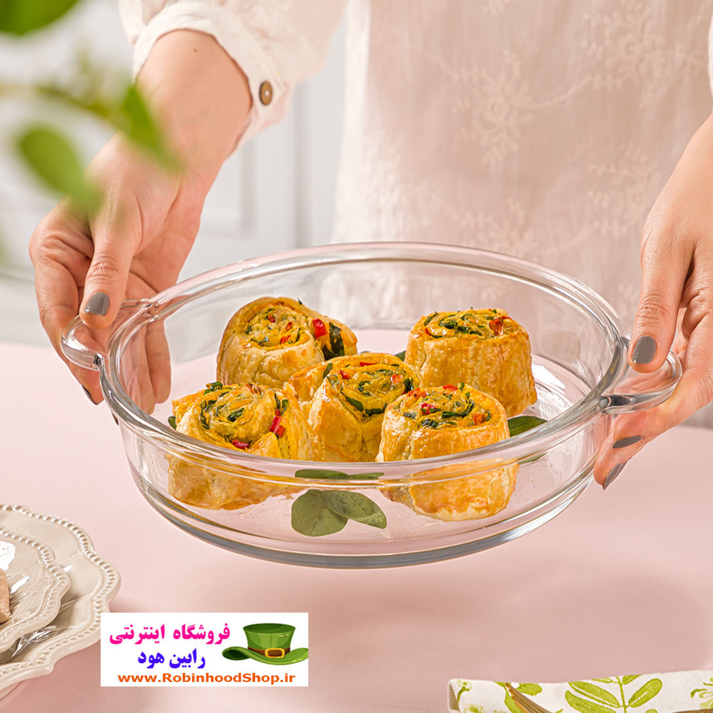 خرید ظرف تابه گرد شیشه ای ضد حرارت برای پخت کیک و شیرینی و ..