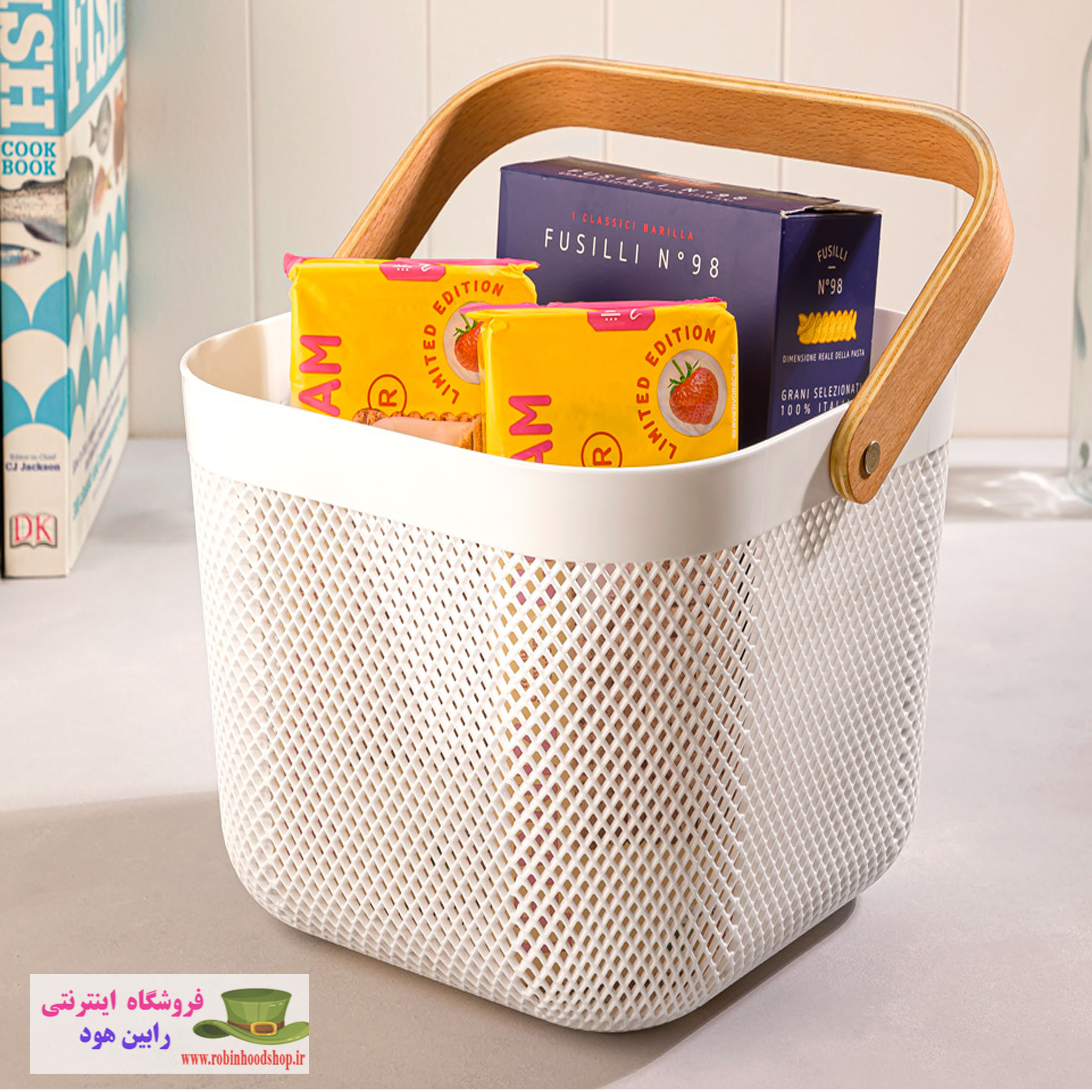 سبد مربع دسته چوبی