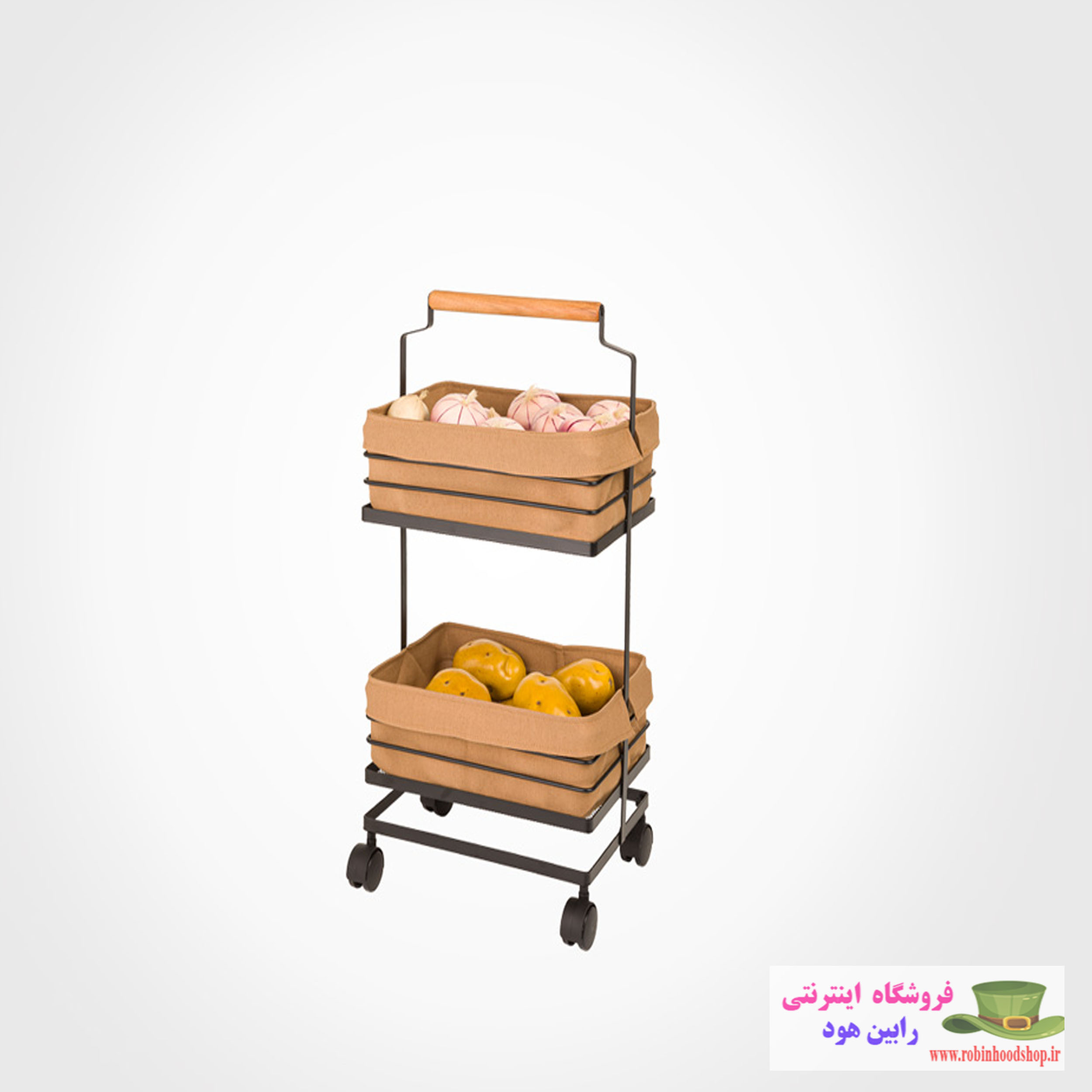 جا سیب زمینی و پیاز فلزی 2 طبقه دسته چوبی - Image 2