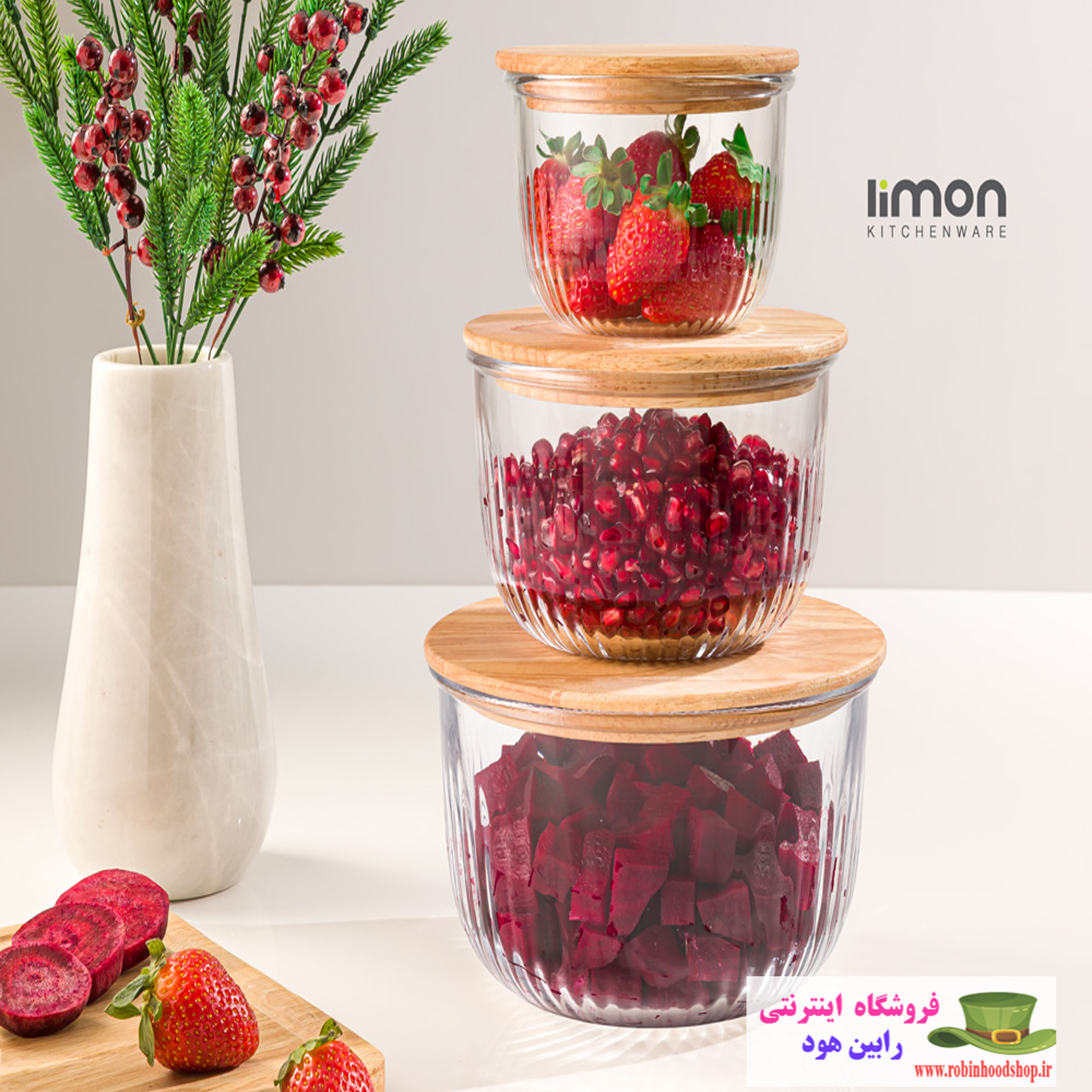 ست ظرف شیشه ای گرد درب چوبی