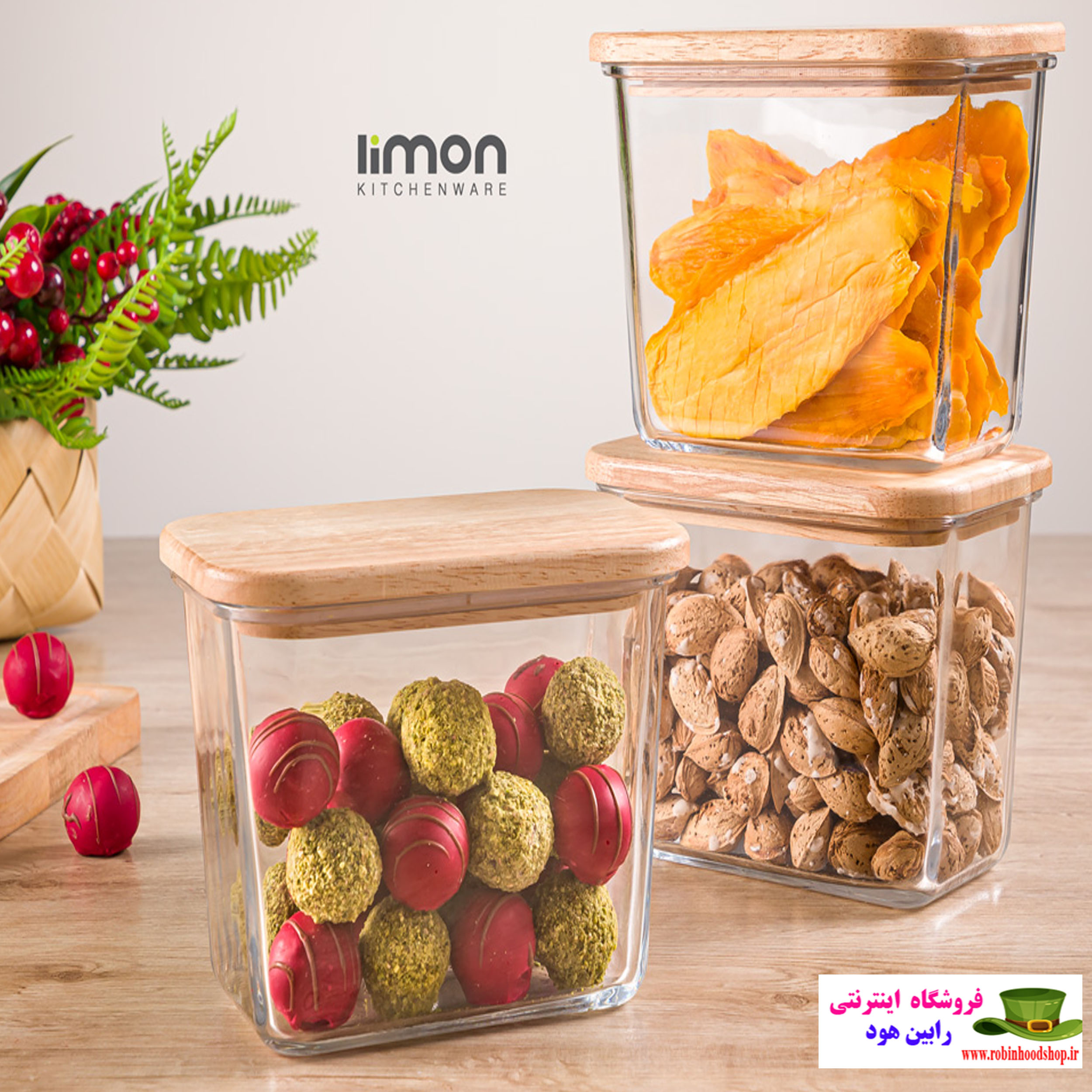 ظرف شیشه ای 920 میلی لیتر در چوبی