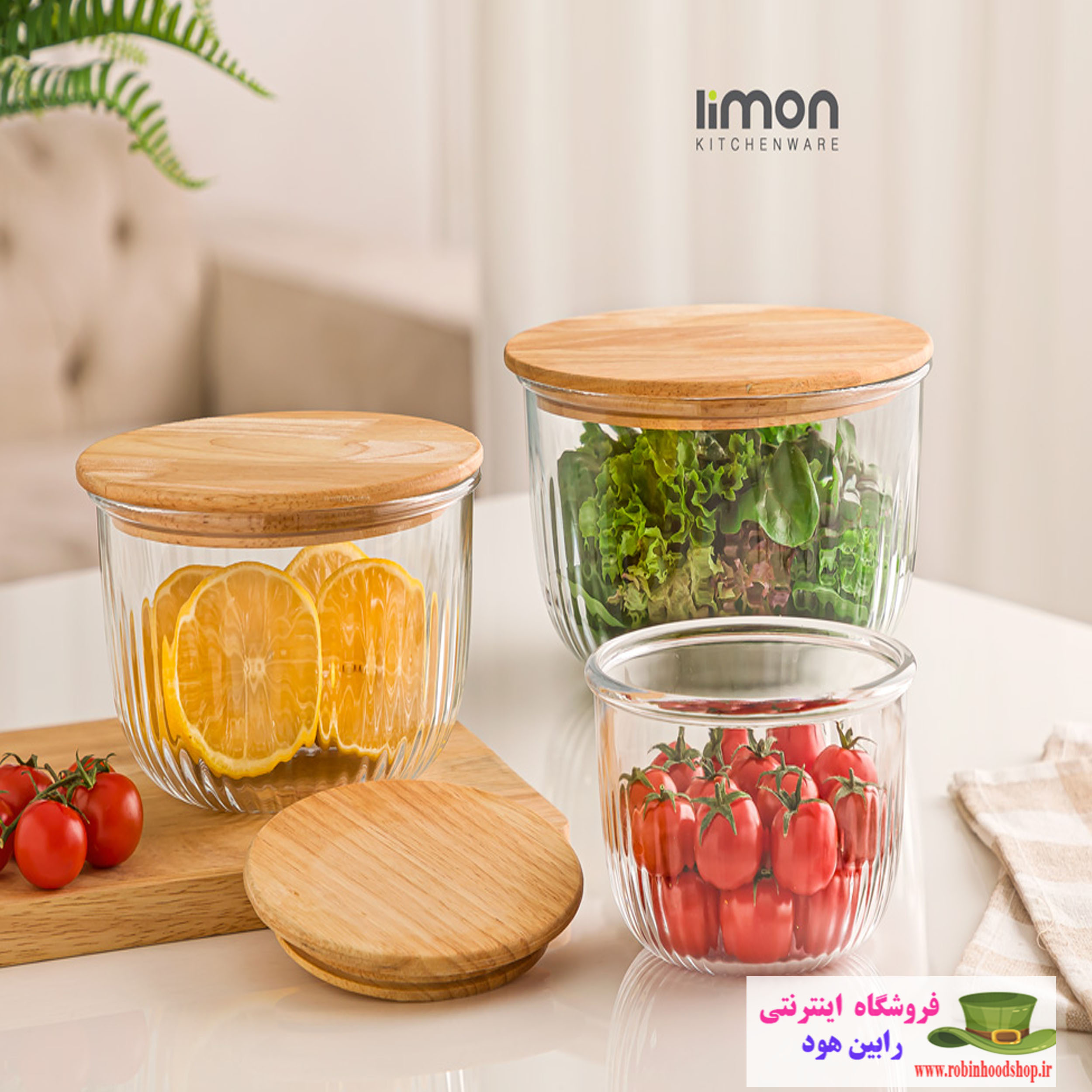 ست ظرف شیشه ای گرد درب چوبی - Image 2