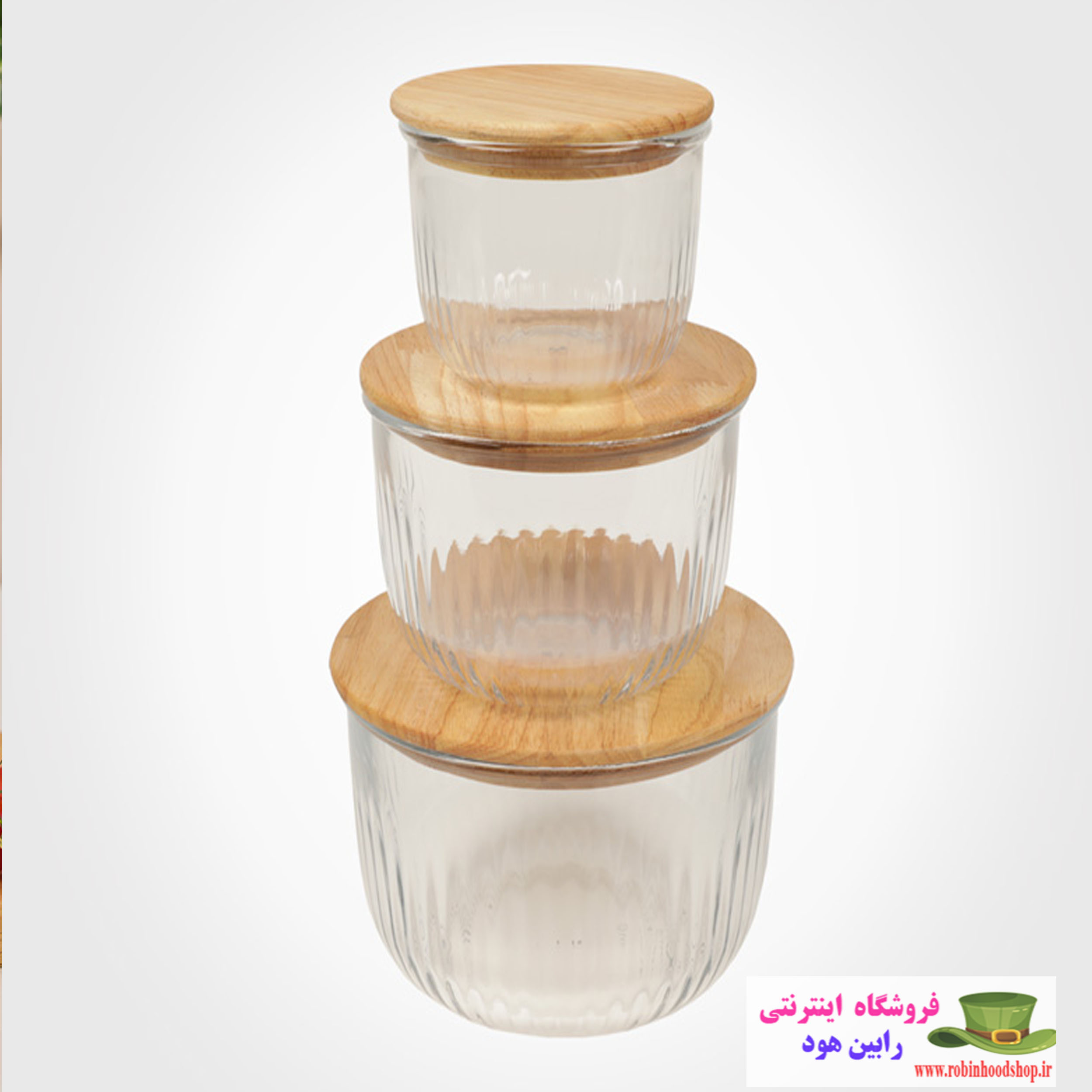 ست ظرف شیشه ای گرد درب چوبی - Image 3