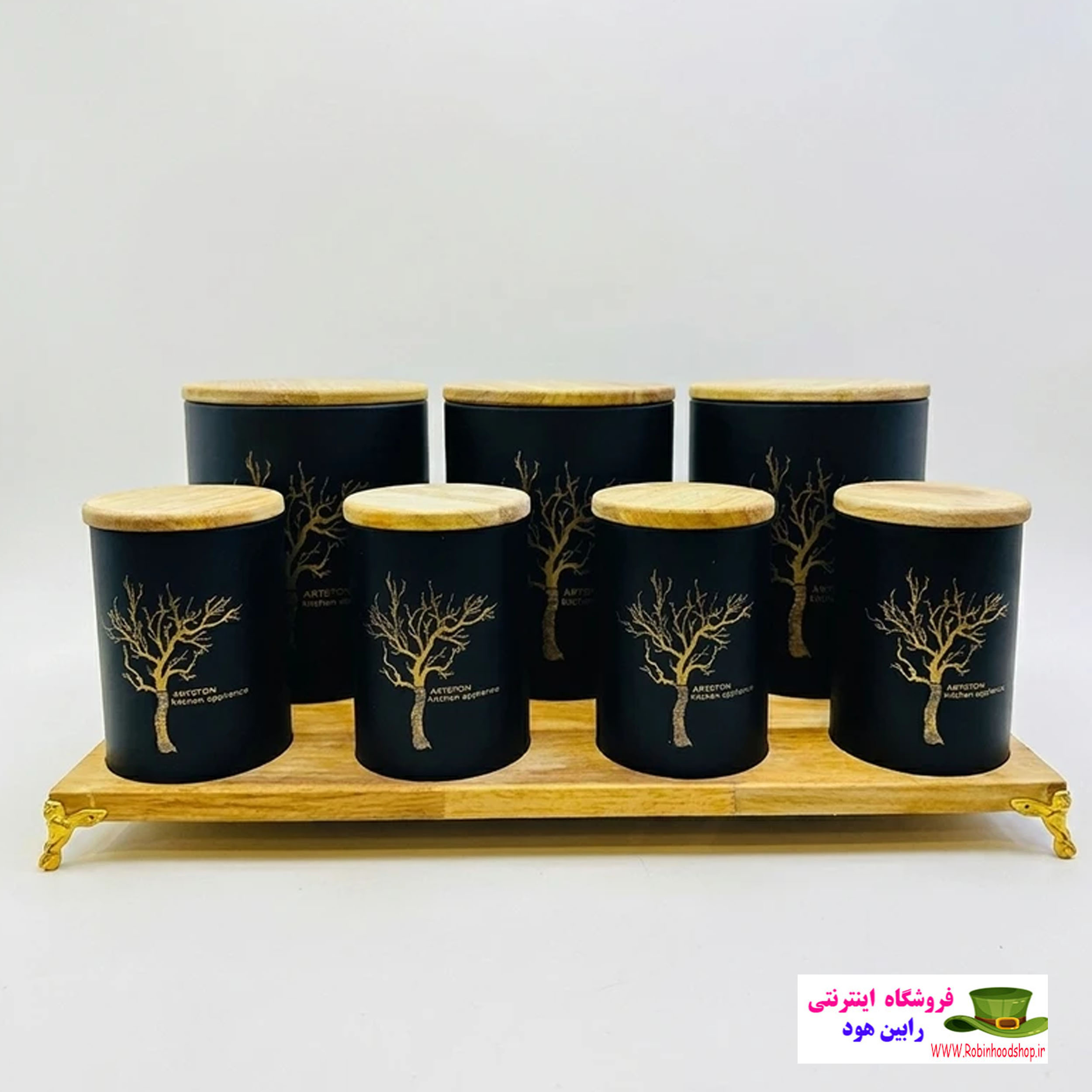 ست جاادویه 8 پارچه مدل 8604، ابعاد 42×25×20 سانتیمتر، وزن 1500 گرم، بدنه فلزی، در آهنربایی، 4 محفظه ادویه قاشقدار، 3 محفظه قند و شکر، دارای استند